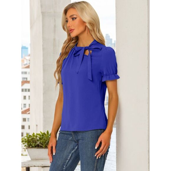 Bow Tie Neck Tops Workwear Short Sleeve Blouse Royal Blue - Picture 3 of 5